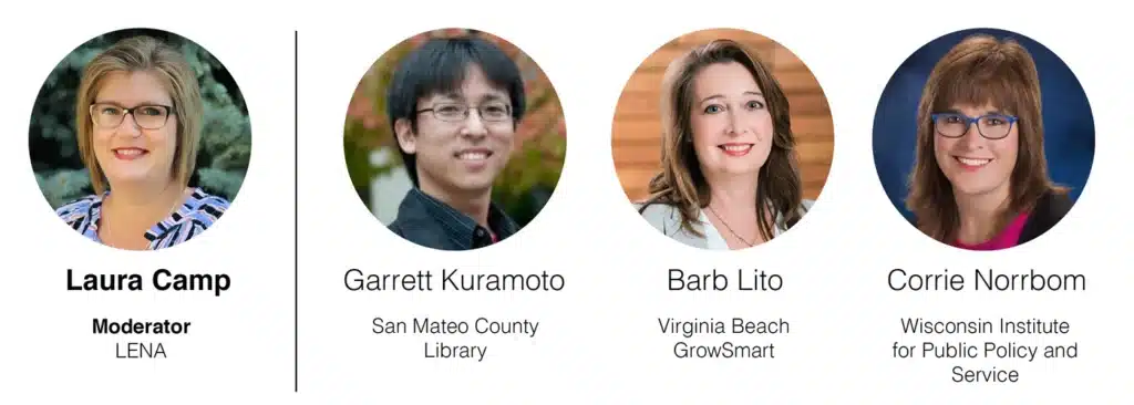 Four headshot photos in circles with names and titles underneath: Laura Camp (Moderator, LENA), Garrett Kuramoto (San Mateo County Library), Barb Lito (Virginia Beach GrowSmart), and Corrie Norrbom (Wisconsin Institute for Public Policy and Service).