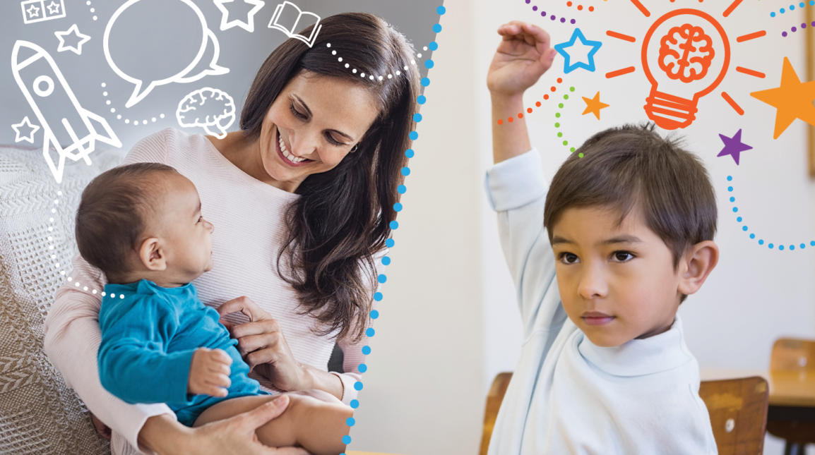 Photo illustration showing child as a baby with his mom and then as an older child in early adolescence doing well in school