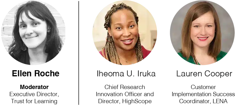 Three women are shown in circular headshots. The first woman has dark hair and a slight smile, the second has braided hair and is smiling, and the third has light brown hair and is smiling; all face forward.