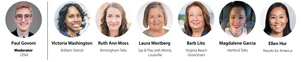 A group of seven people, four with long hair and three with short hair, smiling and facing forward, each shown in a circular headshot against a white background.