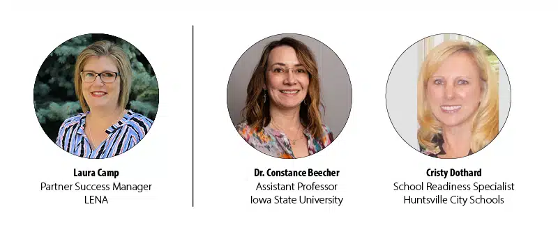 Three women are shown in circular frames with names and titles: Laura Camp, Partner Success Manager at LENA; Dr. Constance Beecher, Assistant Professor at Iowa State University; and Cristy Dothard, School Readiness Specialist at Huntsville City Schools.
