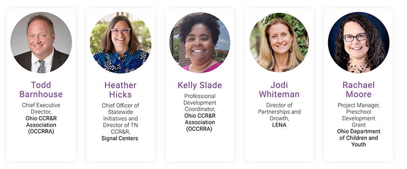 Five professionals are pictured in individual headshots with names and titles, including Todd Barnhouse, Heather Hicks, Kelly Slade, Jodi Whiteman, and Rachael Moore, each representing various child development organizations.