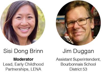 A smiling woman with long dark hair and a man with glasses smiling, both shown in circular frames connected by a thin line.