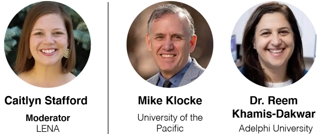 Three people smiling: a woman with short brown hair and gold earrings on the left, a gray-haired man in a suit in the center, and a woman with long dark hair and a white top on the right.