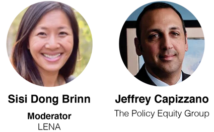 A woman with long dark hair smiling outdoors and a man in a suit with short dark hair smiling slightly in an indoor setting, shown side by side in circular frames.