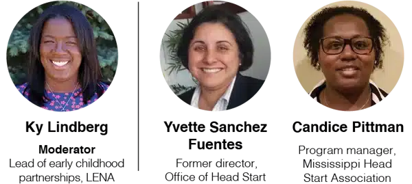 Three women are shown in individual headshots, each smiling at the camera against different backgrounds.