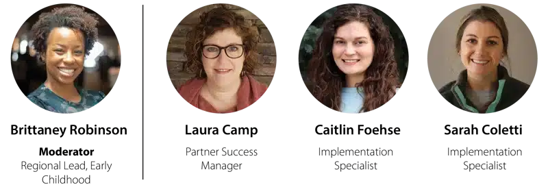 Four women are shown in individual circular portraits, each smiling and facing the camera against various neutral backgrounds. Their names and titles are displayed below each portrait.