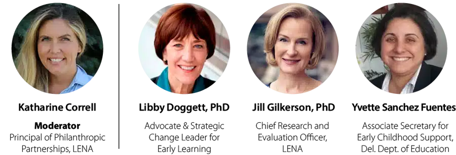 Four professional women are shown in separate circular headshots, each smiling and dressed in business attire, against various blurred backgrounds. Their names and titles are listed below each photo.