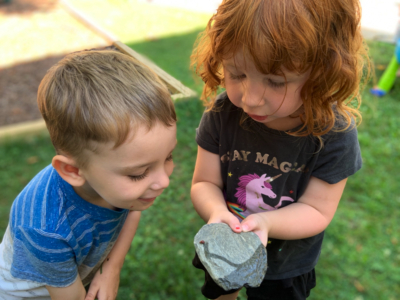 Young children looking at a ladybug in awe