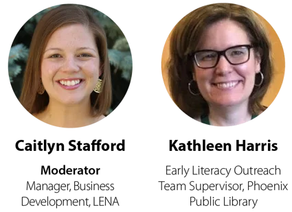 Two women are shown in separate circular portraits. The woman on the left has straight brown hair, is smiling, and is wearing gold earrings. The woman on the right has brown hair, glasses, and is also smiling.