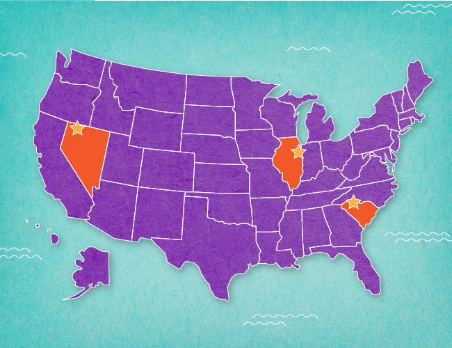 map of the u.s. with Nevada, Illinois, and South Carolina highlighted