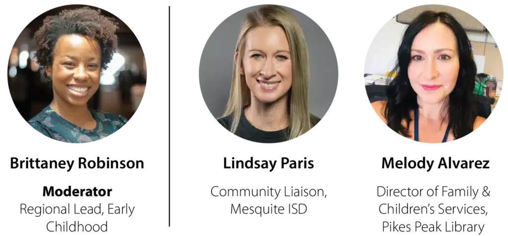 Three women are shown in separate circular portrait photos, smiling and facing the camera, each with different hairstyles and backgrounds. Their names and titles are displayed below their photos.