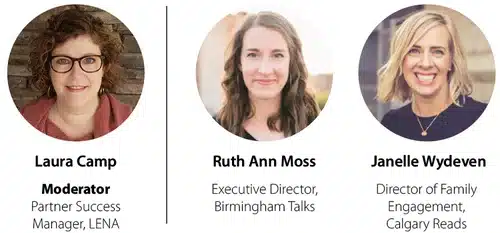 Headshots of three women: Laura Camp (moderator, Partner Success Manager at LENA), Ruth Ann Moss (Executive Director, Birmingham Talks), and Janelle Wydeven (Director of Family Engagement, Calgary Reads).