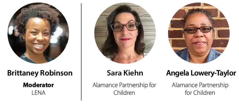 Three women facing the camera and smiling. The first woman has short curly hair, the second has glasses and wavy hair, and the third has glasses and her hair pulled back, standing against a brick wall.