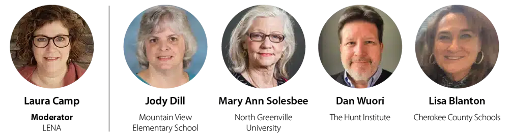 Five headshot photos of four women and one man, all smiling, shown in a horizontal row against neutral backgrounds. Each portrait is slightly cropped in a circular or rounded frame.