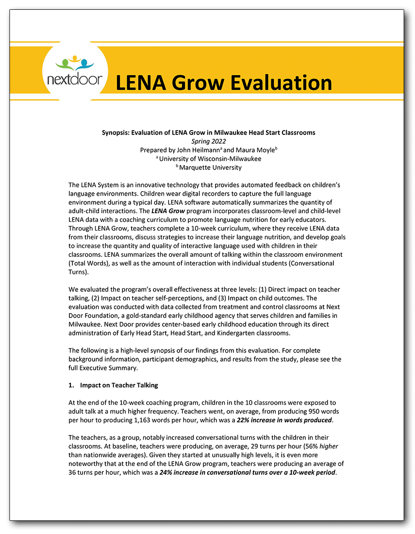 cover image of Next Door Milwaukee LENA Grow evaluation report
