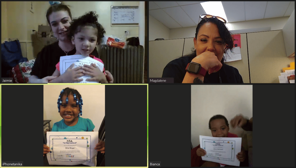 Zoom meeting with four families celebrating LENA Start graduation