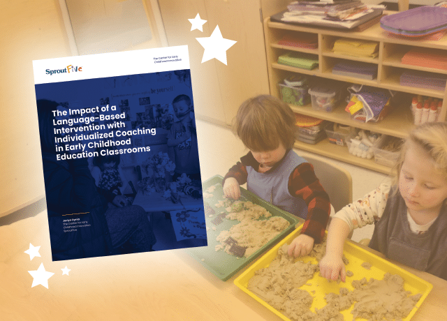 Two young children play with sand at a classroom table. To the left, an informational booklet titled "The Impact of a Language-Based Intervention with Individualized Coaching in Early Childhood Education Classrooms" is shown.