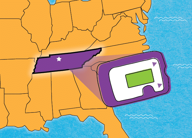 Illustration of a map highlighting Tennessee with a white star, and a glucometer magnifying the state. Blue water is shown to the right, indicating the eastern U.S. coastline.
