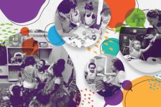 collage of early childhood educators with toddlers and preschoolers