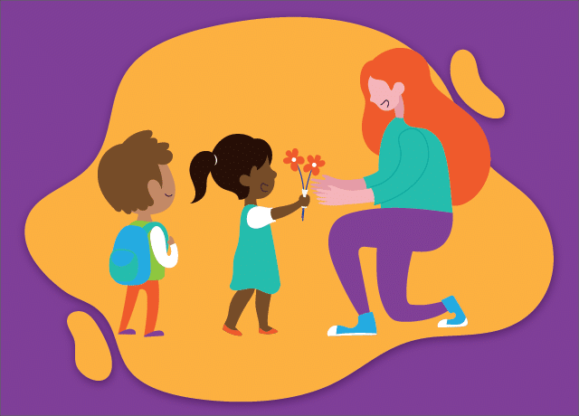 illustration of preschoolers giving flowers to teacher