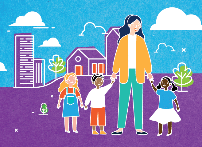 Illustration of a woman holding hands with three children, standing outdoors with trees, houses, and a building in the background under a blue sky with clouds.