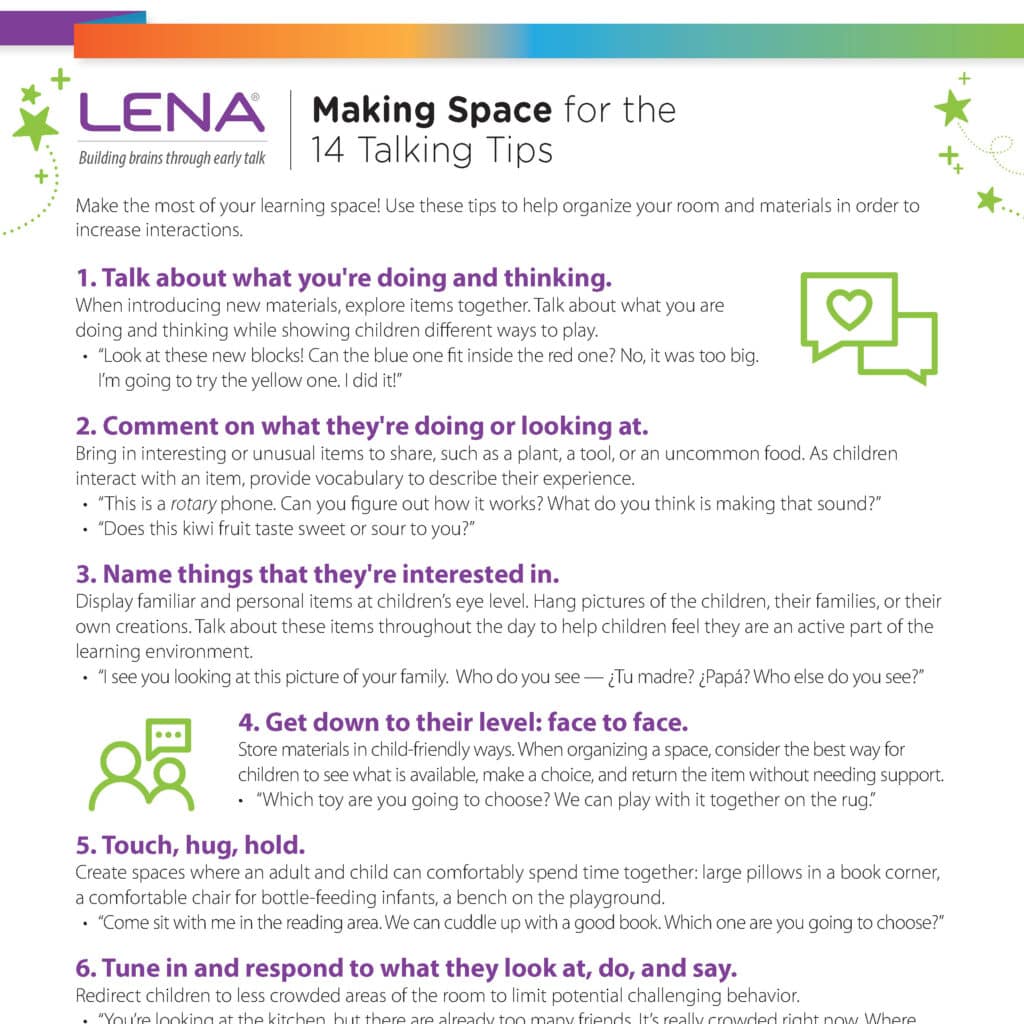 An infographic titled "Making Space for the 14 Talking Tips" lists 5 tips to help parents and caregivers engage children in conversation, with colorful icons and the LENA logo at the top.