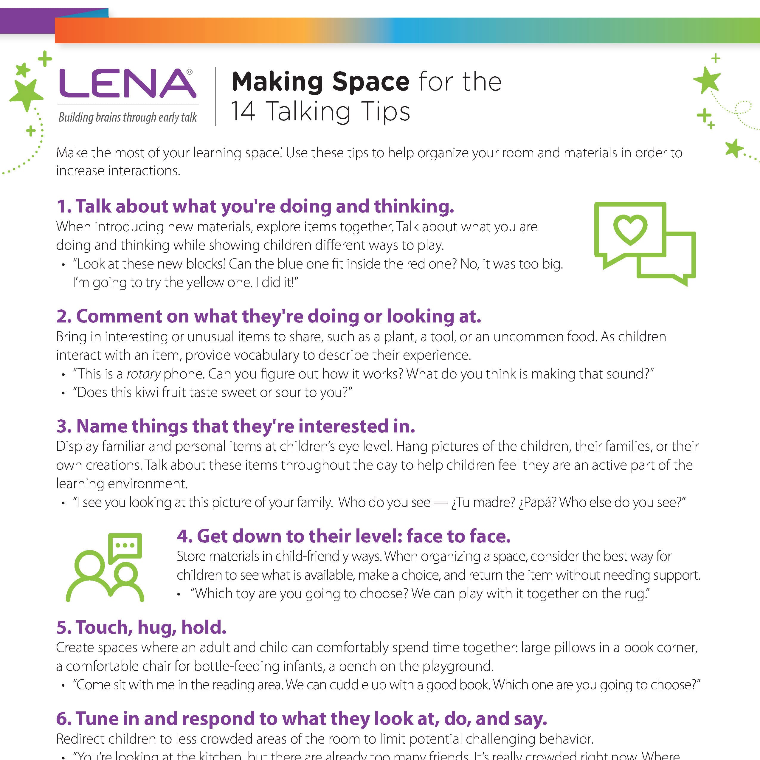 An infographic titled "Making Space for the 14 Talking Tips" lists 5 tips to help parents and caregivers engage children in conversation, with colorful icons and the LENA logo at the top.