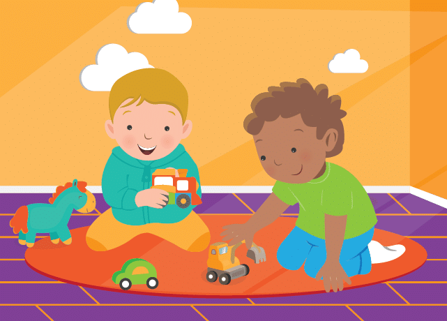 Two young children sit on a red rug in a playroom, smiling and playing with toy vehicles and a stuffed horse. The background features orange walls, purple floor tiles, and clouds on the wall.