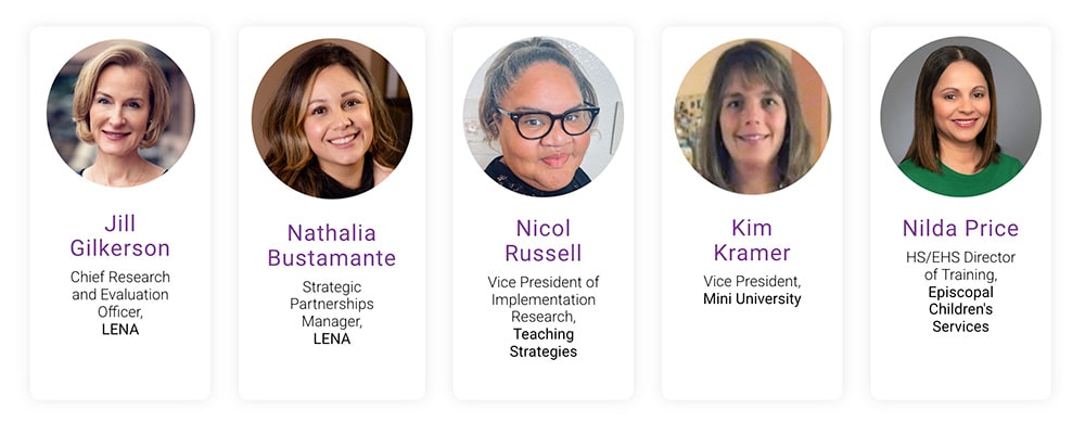 Five professional women, each pictured in a headshot with their names and job titles below: Jill Gilkerson, Nathalia Bustamante, Nicol Russell, Kim Kramer, and Nilda Price, representing various educational organizations.