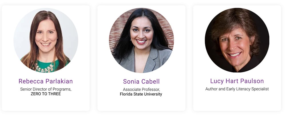 Three professional headshots: Rebecca Parlakian, smiling in a green top; Sonia Cabell, smiling in a grey blazer; Lucy Hart Paulson, smiling with short brown hair. Their names and titles are listed below each photo.