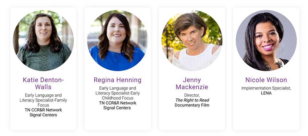 Four women are shown in portrait photos with their names and titles beneath: Katie Denton-Walls, Regina Henning, Jenny Mackenzie, and Nicole Wilson, all professionals in early language, literacy, or education.