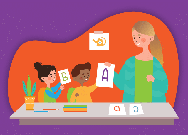 An illustration of a teacher showing a card with the letter "A" to two children, one holding a "B" card. They sit at a table with papers, colored pencils, and a small plant on it.