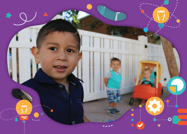 A young boy smiles at the camera outdoors, while two other children play with a toy car in the background. The photo is framed by a playful purple border decorated with lightbulb and gear graphics.