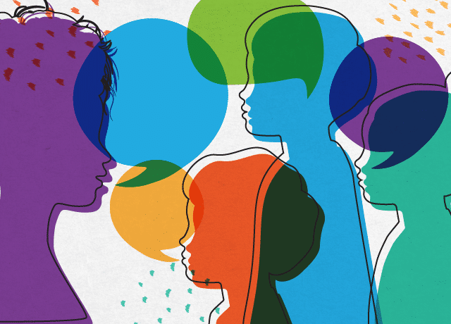 Colorful overlapping silhouettes of people in profile, including dual language learners, with speech bubbles of various colors layered around them, representing conversation and communication. The background is white with scattered small colored marks.