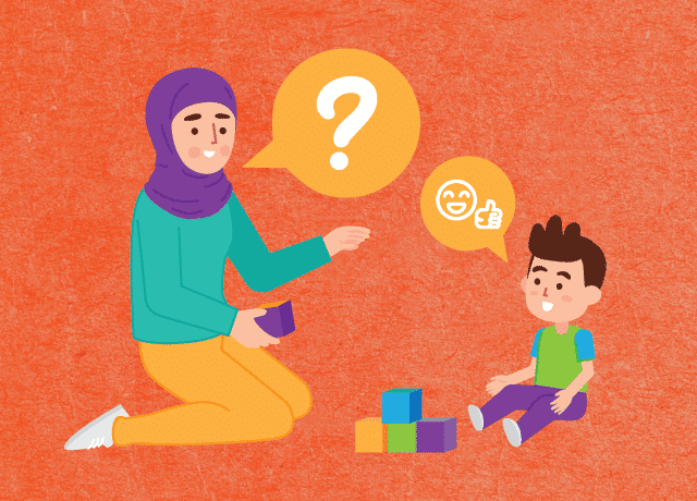 A woman in a purple hijab sits on the floor, smiling and talking to a boy with brown hair. Colorful blocks are between them, highlighting social-emotional development as speech bubbles show their engaging conversation.