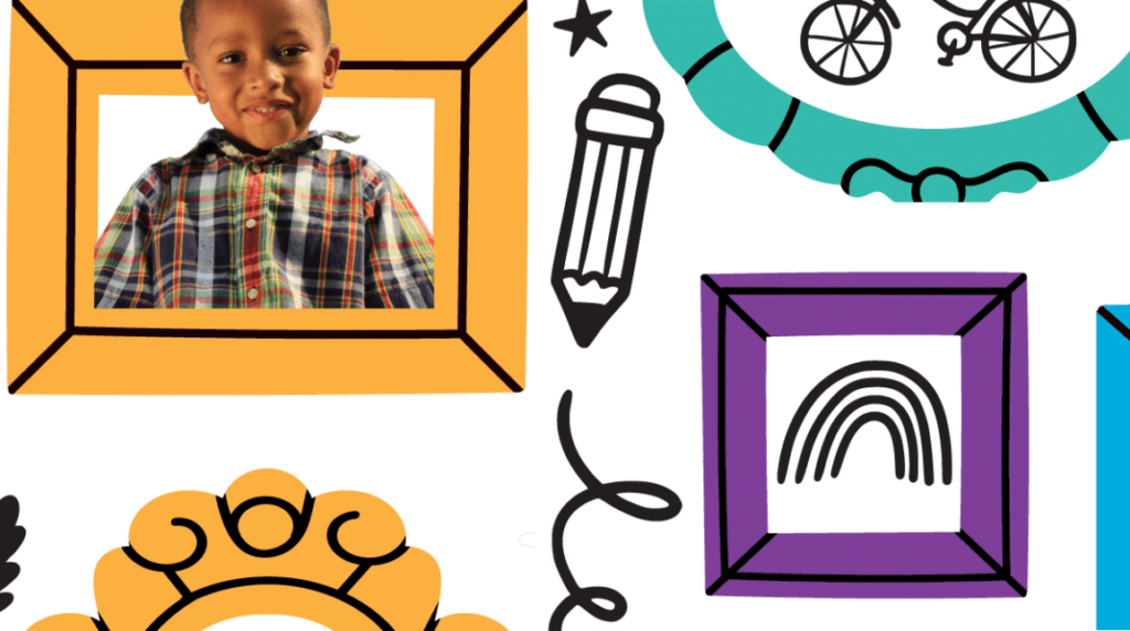 A young boy smiles in a yellow picture frame surrounded by colorful illustrated frames and drawings, including a pencil, rainbow, and bicycle—perfectly capturing school readiness on a bright white background.