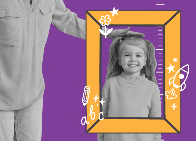 A smiling young girl stands as an adult measures her height, symbolizing kindergarten readiness. She is framed by a yellow box with doodles of a rocket, flowers, letters, and a pencil on a purple background.