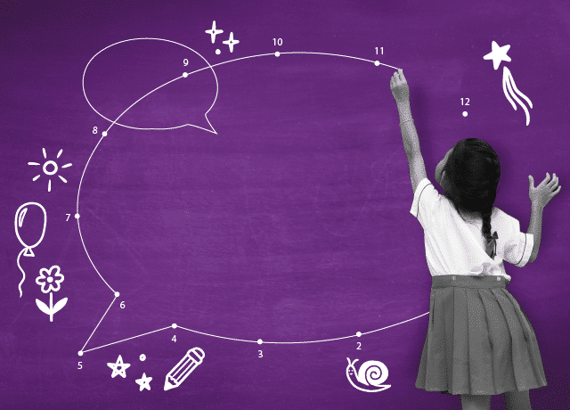 A young girl in a skirt stands with her back to the viewer, reaching up to connect numbered dots forming a speech bubble on a purple chalkboard, surrounded by playful doodles like stars, a sun, and a balloon.