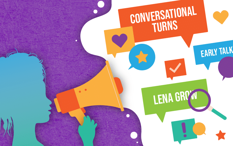 Illustration of a person with a megaphone facing speech bubbles containing phrases like "CONVERSATIONAL TURNS," "EARLY TALK," "LENA GROW," and various icons such as a heart, star, check mark, and magnifying glass.