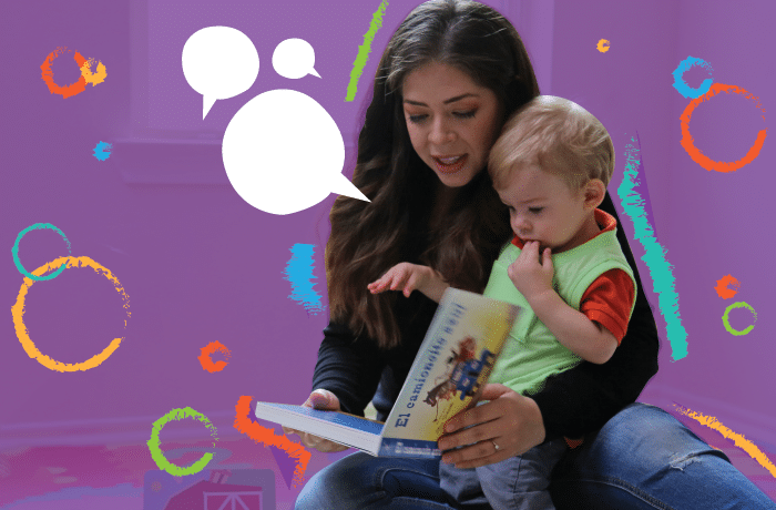 A woman reads a book to a young child sitting on her lap, against a purple background with colorful circles and speech bubbles, suggesting interaction and learning.