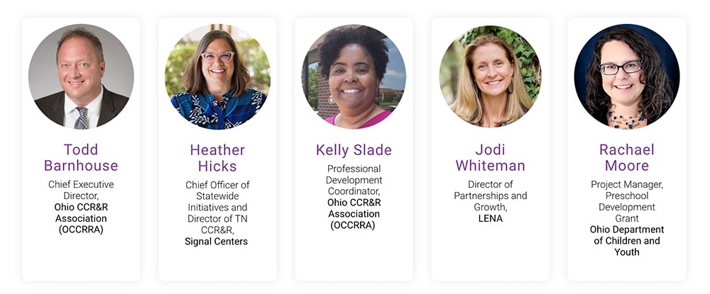 Five professional headshots of Todd Barnhouse, Heather Hicks, Kelly Slade, Jodi Whiteman, and Rachael Moore, each with their names, job titles, and organizations displayed below their photos.