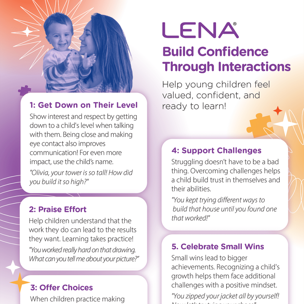 A mother and child smile at each other next to text about building a child’s confidence through five tips: get down on their level, praise effort, offer choices, support challenges, and celebrate small wins.