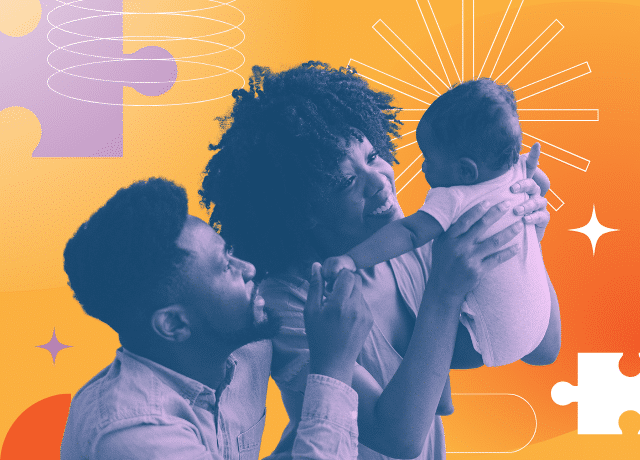 A man and woman smiling and playing with a baby against a vibrant, colorful background featuring puzzle pieces and starburst designs.