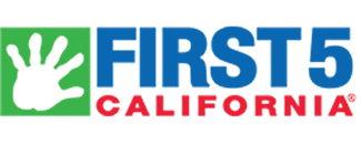 Logo for First 5 California featuring a green square with a black handprint on the left and the words "FIRST 5 CALIFORNIA" in bold blue and red letters on the right.
