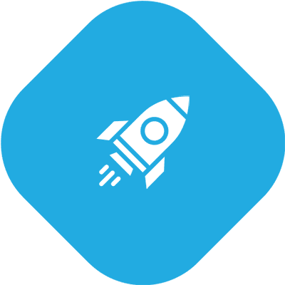 A white rocket icon with three fins and a circular window, shown on a blue diamond-shaped background, with lines beneath indicating motion or launch.