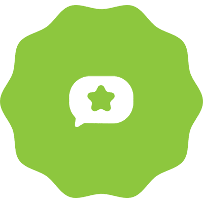 A green circle with a white chat bubble in the center containing a star shape, symbolizing feedback or a featured message.