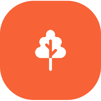 A simple white tree icon with three rounded sections and a straight trunk, centered on an orange circular background.