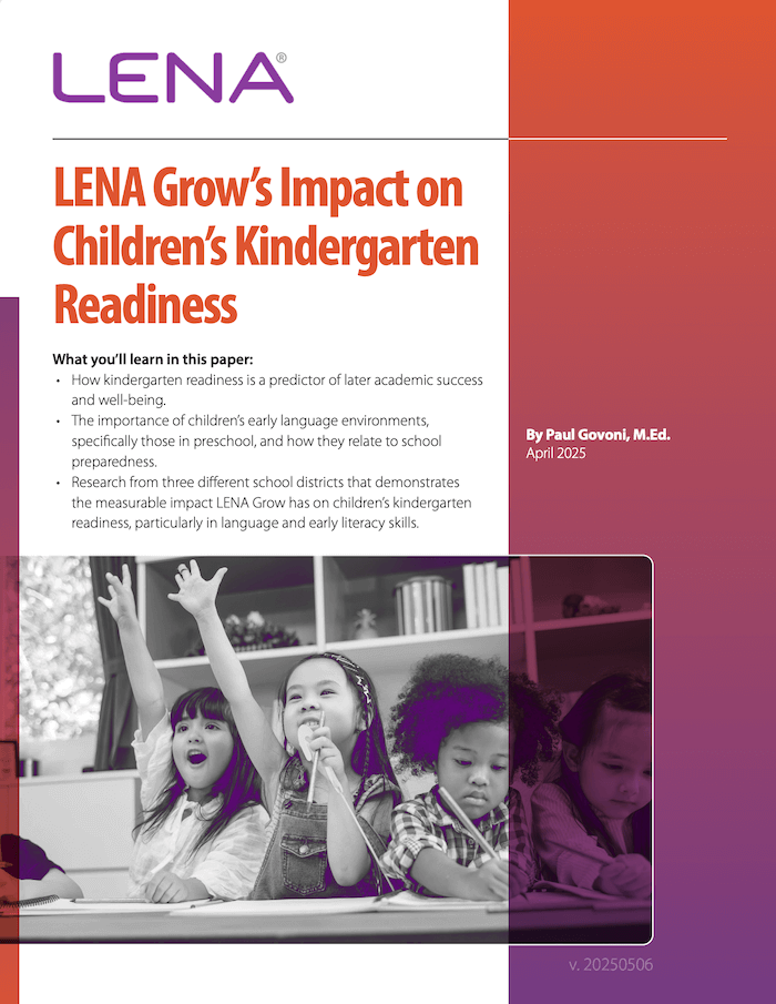 Report cover titled "LENA Grow’s Impact on Children’s Kindergarten Readiness" with a photo of four young children in a classroom raising their hands, and colorful text highlighting the paper's focus on language and early literacy skills.