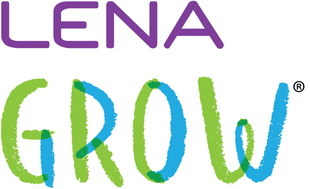 The image features the word "LENA" in bold purple font above the word "GROW" in playful, hand-drawn green and blue letters with a registered trademark symbol.